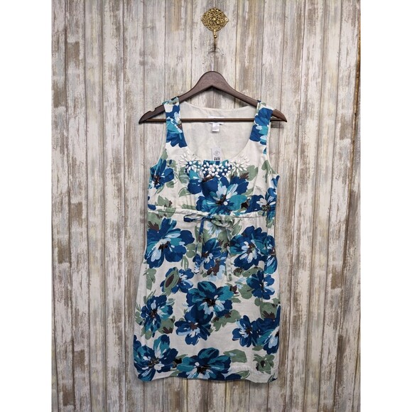 Ann Taylor Loft Floral Spring Sheath Tie Dress Beaded Sleeveless 100% Cotton 4P - Picture 1 of 7